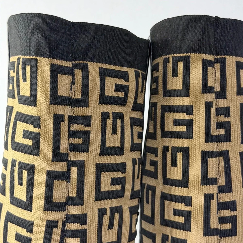 Guess Over The Knee Boots Womens Black Tan Monogram Knit Pull on/Zip